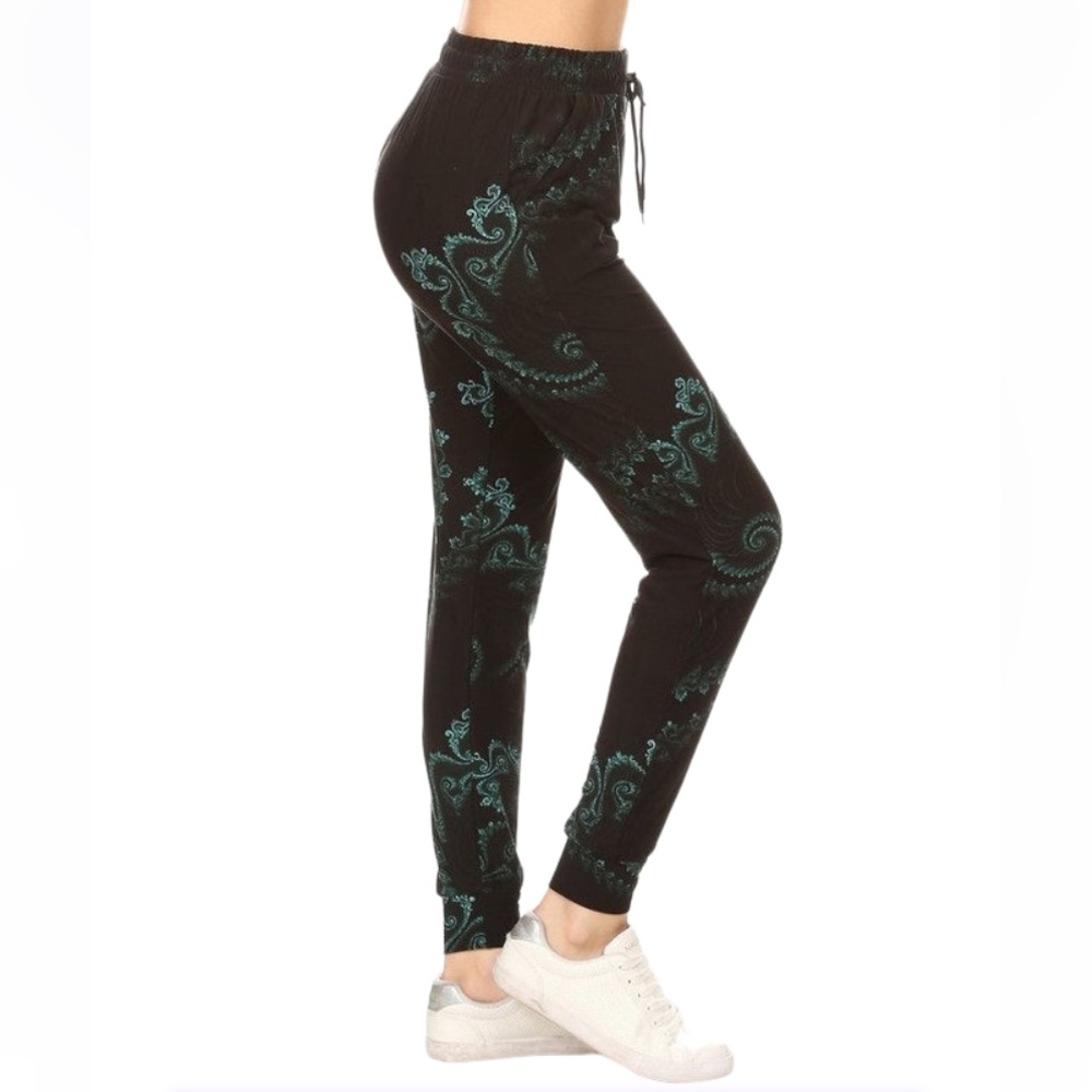 Leggings Depot Legging Jogger Pant in Teal Paisley and Black Size Small New